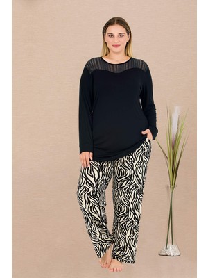 REN Kadın Siyah Büyük Beden Pijama Takım, Üst Uzunkollu , Alt Cepli ve Zebra Desenli, Viskon Kumaş