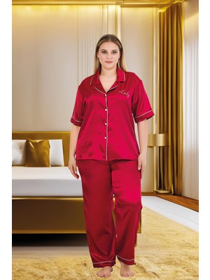 REN Kadın Büyük Beden Saten Pijama Takım, Boydan Düğmeli Saten Pijama Takım
