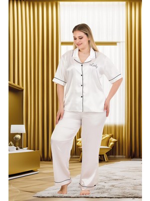 REN Kadın Büyük Beden Saten Pijama Takım, Boydan Düğmeli Saten Pijama Takım
