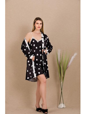 REN Kadın Kalpli Saten Gecelik Sabahlık Takım