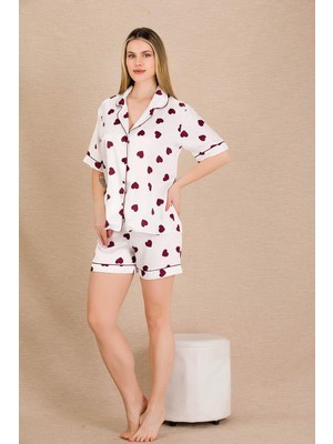 REN Kadın Saten Kalp Baskılı Gömlek Şort Takım, Önden Düğmeli