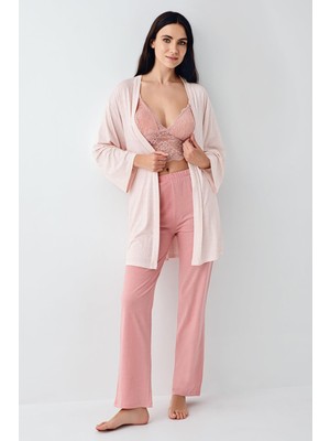 Arnetta Kadın Retro Pembe 3'lü Takım, Pijama Sabahlık Bralet Takım, %50 Pamuk %50 Modal