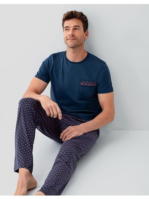 Arnetta Erkek %100 Pamuk Pijama Takımı – Kısa Kollu Cepli T-Shirt & Desenli Uzun Pijama Altı
