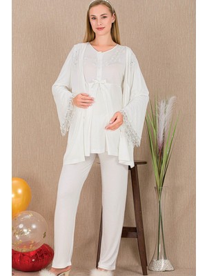 REN Kadın Güpür Detay 3'lü Hamile Lohusa Pijama Takım, Hamile Lohusa Sabahlık ve Pijama Takımı