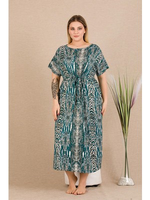 REN Kadın Yeşil Büyük Beden Yılan Desenli Kısakollu Gecelik, Yırtmaçlı Uzun Gecelik, Viskon Kumaş