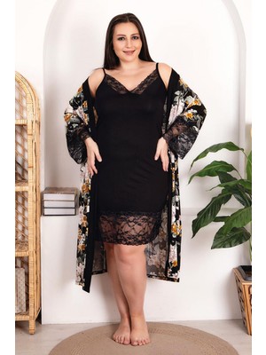 REN Büyük Beden Kadın Dantel Gecelik Çiçekli Sabahlık Takım, Viskon Kumaş