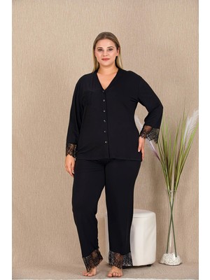 REN Kadın Siyah Büyük Beden Pijama Takım, Düğmeli ve Uzunkollu, Bilek ve Paça Dantelli, Viskon Kumaş