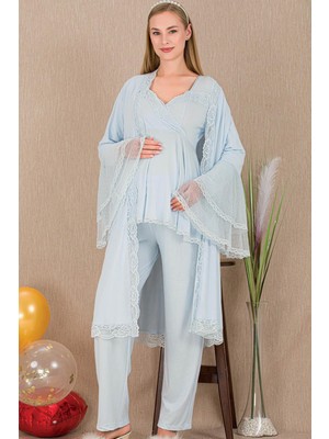 REN Kadın Tül Güpür Detay 3'lü Hamile Lohusa Pijama Takım, Uzun Hamile Lohusa Sabahlık ve Pijama Takımı