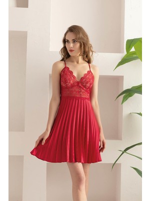 REN Kadın Fantazi Saten Gecelik Sabahlık Takım, Dantel ve Pile Detaylı Saten Gecelik Sabahlık Takım