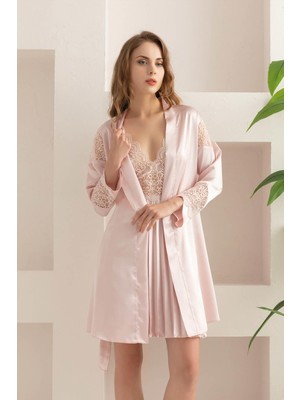 REN Kadın Fantazi Saten Gecelik Sabahlık Takım, Dantel ve Pile Detaylı Saten Gecelik Sabahlık Takım