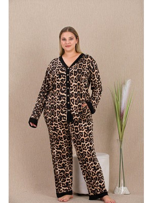 REN Kadın Büyük Beden Leopar Desenli Düğmeli Ev Giyim Pijama Takım, Uzun Kollu, Viskon Kumaş