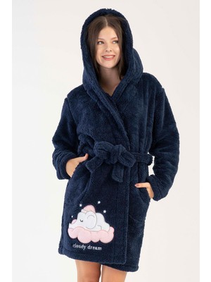 REN Kadın Lacivert Süper Yumuşak Vienetta Welwelsoft Kapsonlu Uzun Kol Kısa Sabahlık