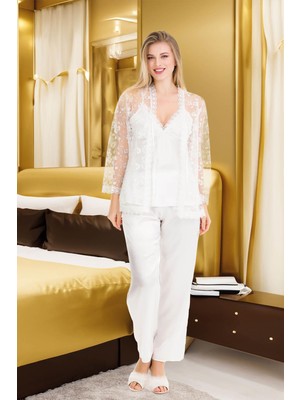 REN Kadın Saten 3'lü Pijama Takım Brode Sabahlık Set,