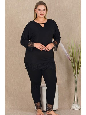 REN Kadın Siyah Büyük Beden Tunik Tayt Takım, Uzunkollu, Kol ve Paça Dantelli , Viskon Kumaş