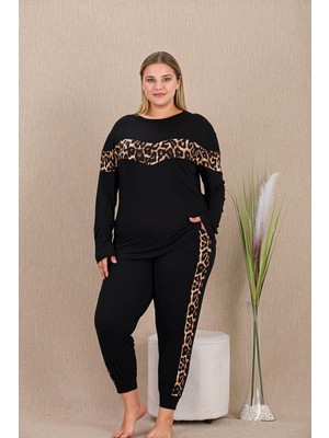 REN Kadın Siyah Leopar Detay Büyük Beden Pijama Takım, Uzunkollu, Cepli, Dar Paçalı , Viskon Kumaş