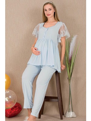 REN Kadın 2'li Kısa Kol Hamile Lohusa Pijama Takım, Kolları Tül Dantel Detay, Emzirme Düğmeli