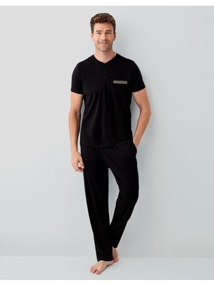 Arnetta Erkek Siyah Kutulu 3’lü %100 Pamuk Pijama Takımı – Kısa Kollu Düğmeli Üst & Cepli Uzun Alt, Cepli Şort Set