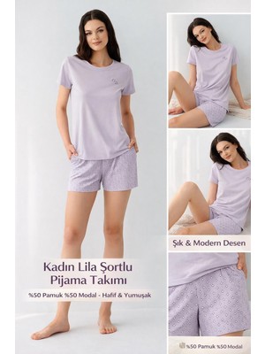 Arnetta Kadın Lila Şortlu Pijama Takımı %50 Pamuk %50 Modal – Kısa Kollu, Yumuşak ve Hafif