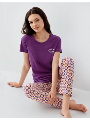 Arnetta Kadın Mor Baskılı Pijama Takımı – %50 Pamuk %50 Modal, Desenli Alt, Büyük Beden Seçenekli