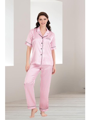 REN Kadın Pembe Çizgili Kısakol Saten Düğmeli Gömlek Pijama Takım