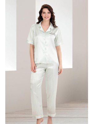 REN Kadın Mint Çizgili Kısakol Saten Düğmeli Gömlek Pijama Takım