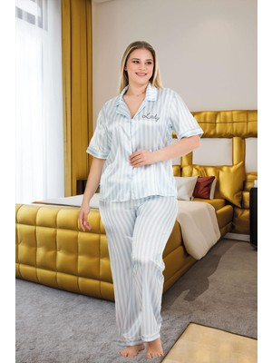 REN Kadın Mavi Çizgili Büyük Beden Kısakollu Saten Pijama Takım