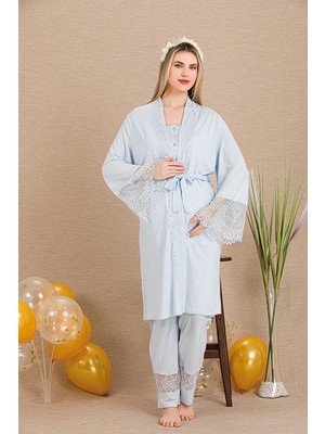 REN Kadın Dantel Güpür Detaylı 3'lü Hamile Lohusa Pijama Takım, Hamile Lohusa Sabahlık ve Pijama Set