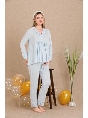 REN Kadın 2'li Uzun Kol Hamile Lohusa Pijama Takım, Emzirme Düğmeli, Gömlek Yakalı