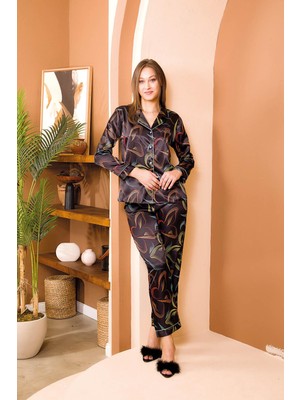 REN Kadın Siyah Desenli Saten Düğmeli Gömlek Pijama Takım