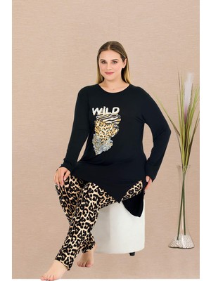 REN Kadın Siyah Büyük Beden Tunikli Pijama Takım, Üst Uzunkollu Baskılı ve Yırtmaçlı , Alt Leopar Desenli, Viskon Kumaş