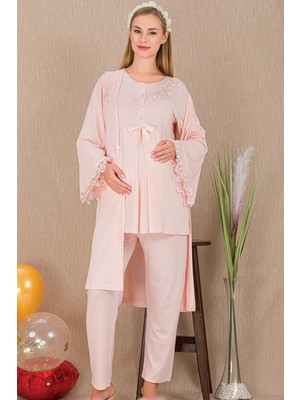 REN Kadın Güpür Detay 3'lü Hamile Lohusa Pijama Takım, Hamile Lohusa Sabahlık ve Pijama Takımı
