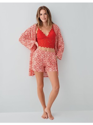 Arnetta Kadın %50 Pamuk %50 Modal 3’lü Şortlu Pijama Seti – Dantelli Bralet Sütyen , Desenli Şort ve Sabahlık