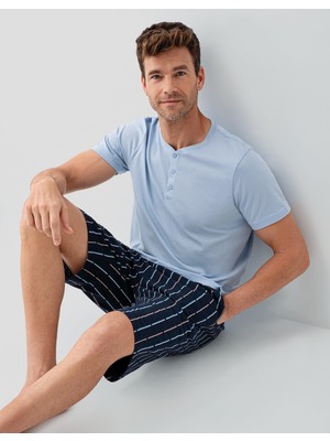 Arnetta Erkek Mavi %100 Pamuk Alt Üst Takım – T-Shirt & Şort Takım | Ev Giyim ve Dış Giyime Uygun