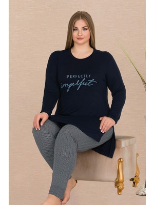 REN Büyük Beden Uzun Kol Kadın Lacivert Tunik Pijama Takım, Büyük Beden Ev Giyim, Viskon Kumaş