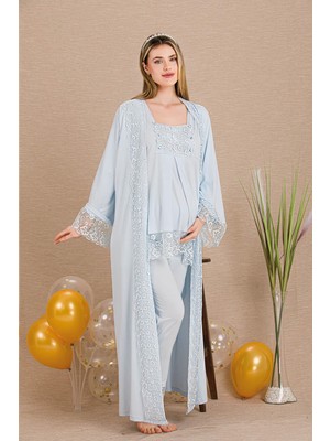 REN Kadın Dantel Detaylı 3'lü Hamile Lohusa Pijama Takım, Hamile Lohusa Uzun Sabahlık ve Pijama Takımı