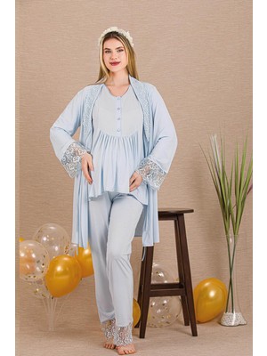REN Kadın Dantel Detaylı 3'lü Hamile Lohusa Pijama Takım, Hamile Lohusa Sabahlık ve Pijama Takımı