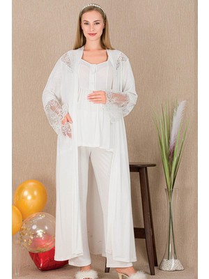 REN Kadın Tül Güpür Detay 3'lü Hamile Lohusa Pijama Takım, Uzun Hamile Lohusa Sabahlık ve Pijama Takımı