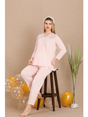 REN Kadın 2'li Uzun Kol Hamile Lohusa Pijama Takım, Emzirme Düğmeli, Omuzları Dantelli
