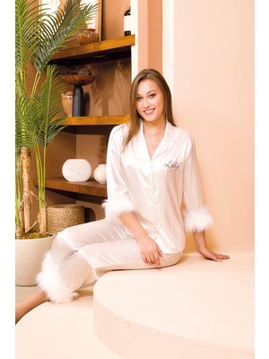 Kadın Saten Düz Renk Önden Düğmeli Tüylü Truvakar Kol Saten Pijama Takım