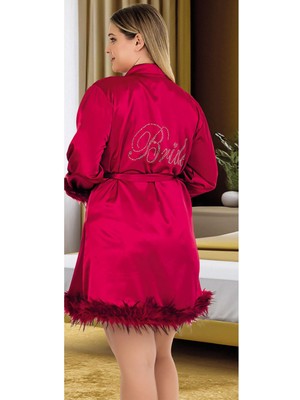 Kadın Büyük Beden Düz Renk Tüylü Saten Bride Sabahlık