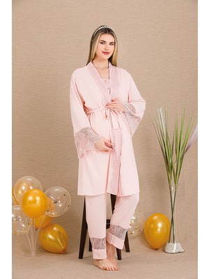 REN Kadın Dantel Güpür Detaylı 3'lü Hamile Lohusa Pijama Takım, Hamile Lohusa Sabahlık ve Pijama Set
