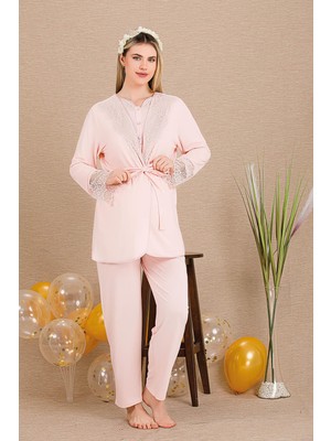 REN Kadın Dantel Detaylı 3'lü Hamile Lohusa Pijama Takım, Hamile Lohusa Sabahlık ve Pijama Takımı