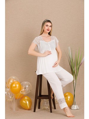 REN Kadın 2'li Hamile Lohusa Pijama Takım, Emzirme Düğmeli, Kol ve Omuz Dantelli