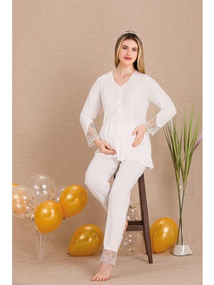 REN Kadın 2'li Uzun Kol Hamile Lohusa Pijama Takım, Emzirme Düğmeli, Bilek ve Paça Dantel Detaylı