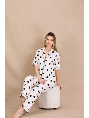 REN Kadın Saten Kalp Baskılı Pijama Takım, Önden Düğmeli