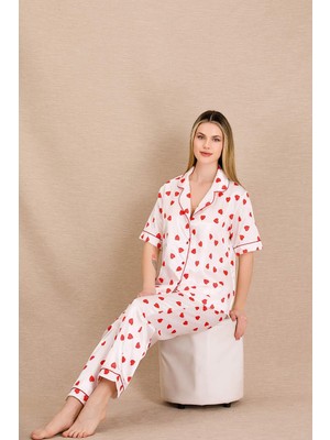 REN Kadın Saten Kalp Baskılı Pijama Takım, Önden Düğmeli
