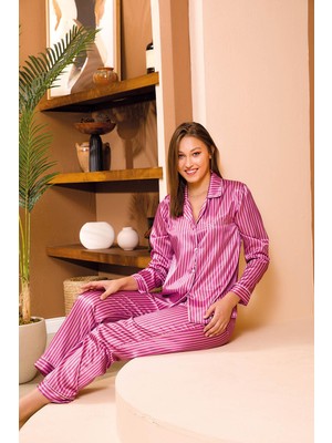 REN Kadın Fuşya Çizgili Saten Düğmeli Gömlek Pijama Takım