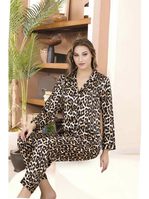 REN Kadın Leopar Desenli Saten Düğmeli Gömlek Pijama Takım