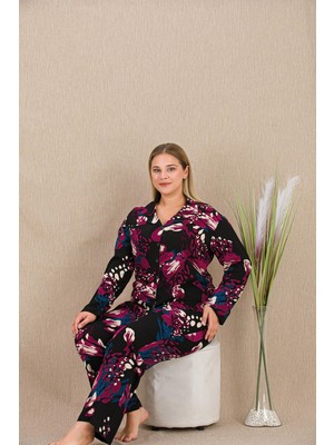 REN Kadın Çiçek Desen Büyük Beden Düğmeli Pijama Takım, Belmando Dokuma Viskon Kumaş