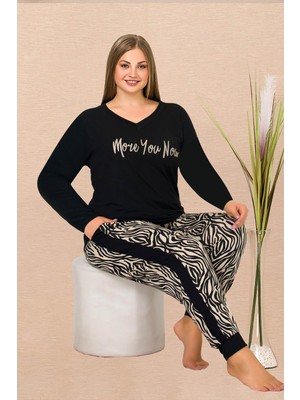 REN Kadın Siyah Uzun Kollu V Yaka Büyük Beden Pijama Takım, Üst Yazı Baskılı , Alt Dar Paça Cepli ve Zebra Desenli, Viskon Kumaş